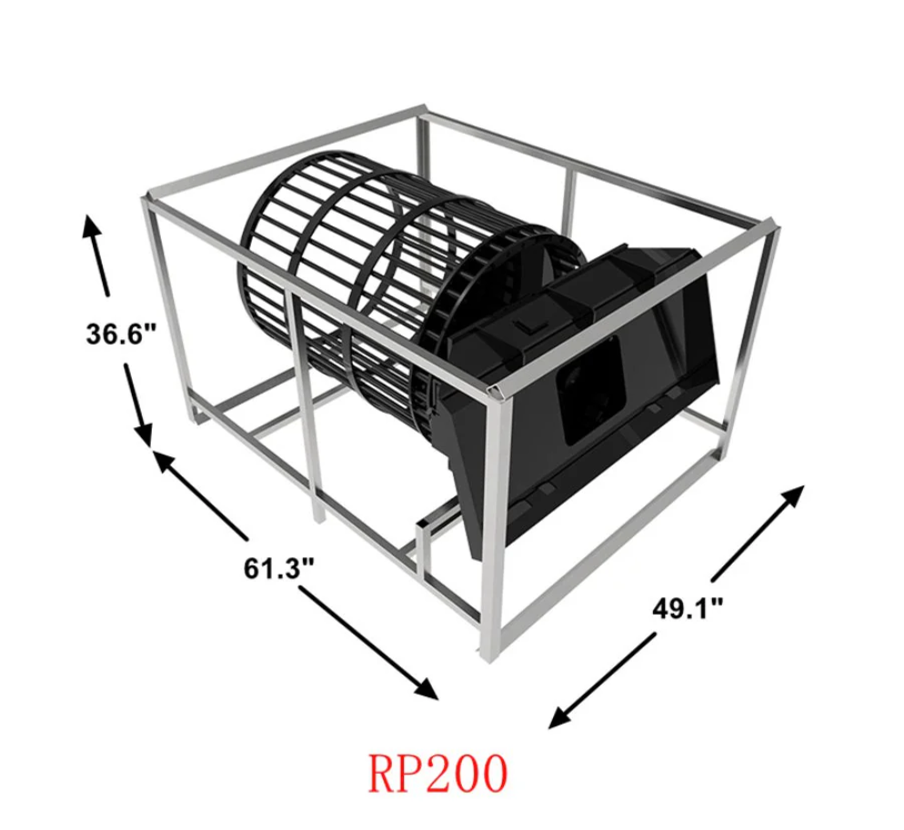 Skid Steer Rotary Rock Picker Attachment 30" Diameter Drum Model, 55" Barrel Depth, Universal Mount